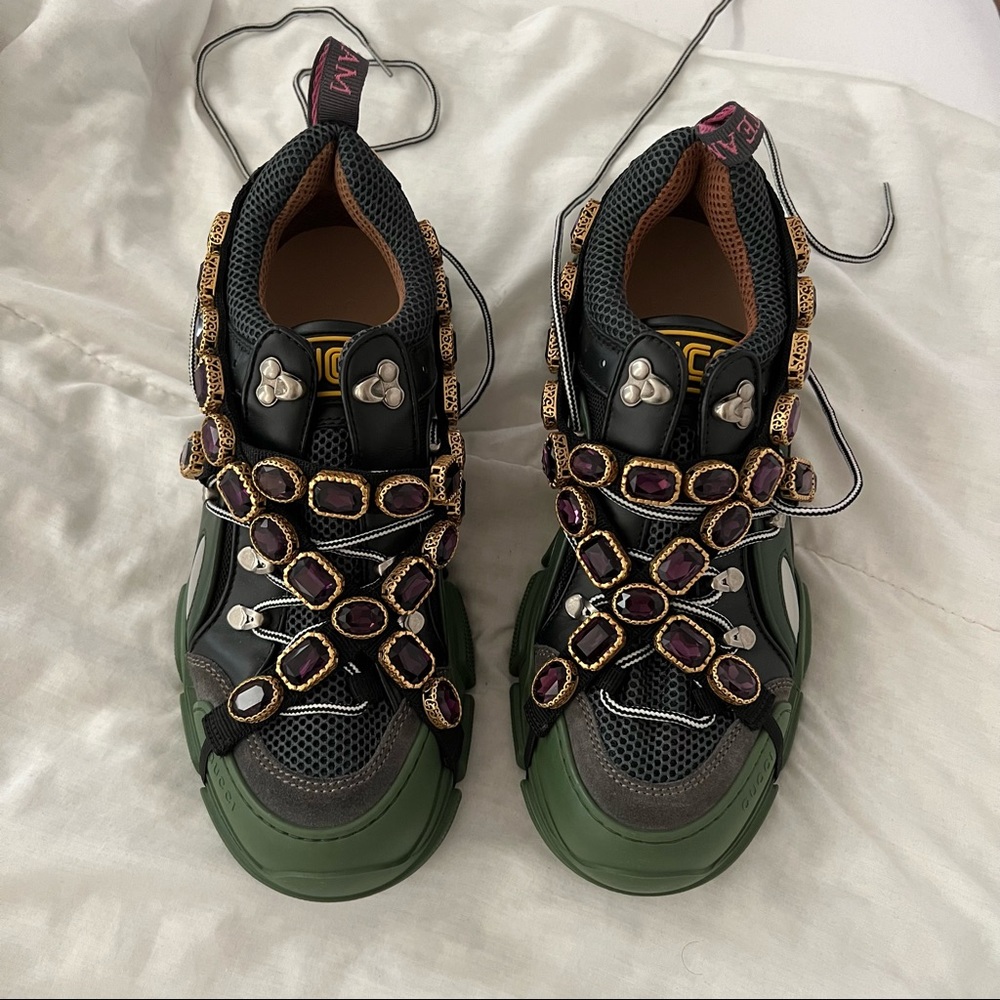 gucci men flashtrek sneakers green black with purple crystals size 8 BRAND NEW